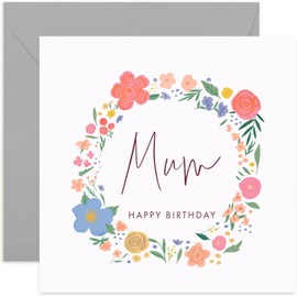Old English Co. Mum Happy Birthday Card - Sweet Cute Floral Wreath Card for Her Mother Card | Flower Happy Birthday From Son, Daughter, Child | Blank Inside & Envelope Included