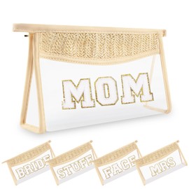 Small Boho Straw Clear Mom Makeup Bags for Women&Girls, Zipper Cosmetic Bag Chenille Varsity Letter Patch Bag, Preppy Cute Toiletry Pouch, Trendy Organizer Storage Bag for Beach Travel Essentials
