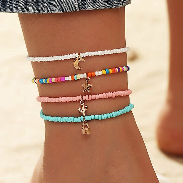 Boho Handmade Beads Multilayered Ankle Bracelets Colorful Women Anklets Moon