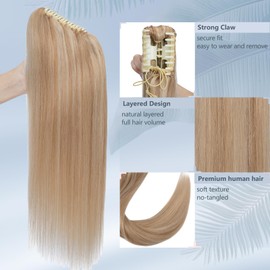 FUOTONBUTY Claw Clip Ponytail Extension 100% Real Remy Human Hairpiece Pony Tails Hair Extensions Long Straight Ponytail for Women (14 inch, Balayage Wheat Blonde to Bleach Blonde)
