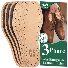 SULPO 3 Pairs of Leather Insoles with Activated Carbon Against Sweaty Feet Insoles for Men and Women Anti-Sweat Odour Absorber Soles Breathable Real Natural Matte Leather
