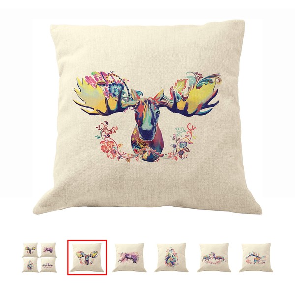 DrupsCo 18x18 Moose Pillow Cover, Cotton Linen Rustic Moose Decor