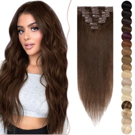 Clip-In Real Hair Extensions, 8 Wefts Hair Extensions, 100% Remy Human Hair, Thin, Straight, Medium Brown #4, 61 cm, 80 g