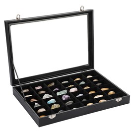 Hipiwe Rock Collections Display Case 36 Grid Rock Collection Box Black Velvet Jewelry Trays with Clear Lid PU Leather Crystal Organizer Case for Gemstones, Pendants, Rocks Collectibles