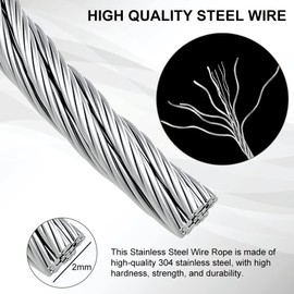 Wytino 304 Stainless Steel Wire Rope, 2mm/2.5mm/3mm Diameter High Hardness Rustproof for Fishing, Lifting, DIY (3 Sizes)