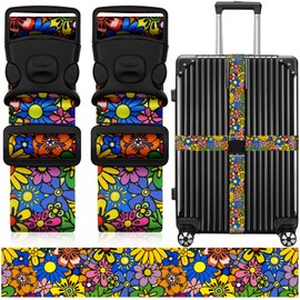 2 Pack Luggage Straps for Suitcases, Adjustable Travel Belt with Double Lock and Quick Release Buckle, Heavy Duty Nylon Bag Packing Strap, Bright Identifiers Business Travel Accessories-Sun Flowers