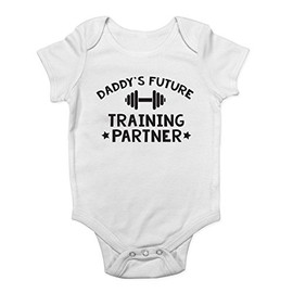 Shopagift Daddy's Future Training Partner Boys and Girls Funny Baby Grow Vest Bodysuit White Gym Weight Lifting Muscles Bodybuilding Gift for Son Daughter & Dad