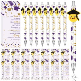 Sayglossy 24 Sets Graduation Gifts for Students Bulk Class of 2025 Pens Graduation Party Favors for Guests End of The Year Gifts Smile Face Ballpoint Pens with Inspirational Greeting Cards(Purple)
