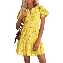 PRETTYGARDEN Womens 2025 Summer Short Dress V Neck Short Sleeve A Line Hollow Out Lace Ruffle Cute Casual Beach Party Dresses (Yellow,Small)