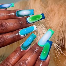 Press on Nails Long Green Blue French False Nails Square Fake Nails Artificial Acrylic Nails Simple Fashion Design Full Cover Glossy Reusable Coffin Nails Glue on Nails for Women 24Pcs