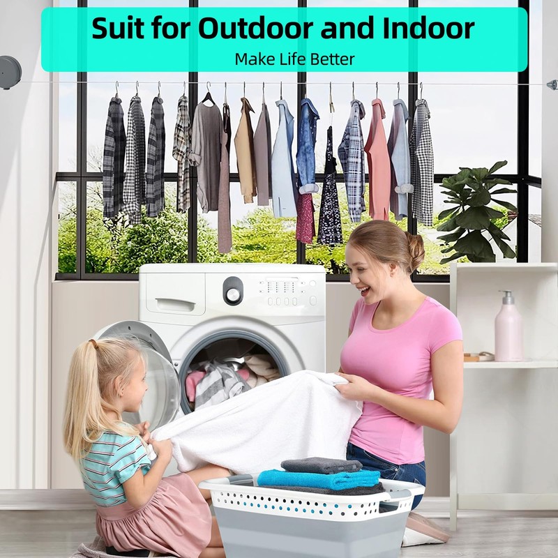 Retractable Clothesline - Heavy Duty Laundry Line with 12 Wood