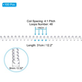 PATIKIL 8mm(5/16") Plastic Spiral Binding Coils, 100 Pcs Binding Spirals 40 Sheet Capacity 4:1 Pitch Binding Spirals for Binding Paper Sheets, Transparent