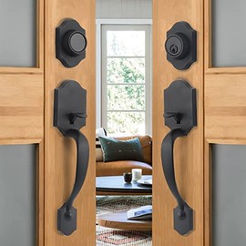 NeuType Front Door Handle Set Matte Black Double Door Handle Set with Dummy Heavy Duty Double Door Lock Set, with Single Cylinder Deadbolt and Lever Handle, Compatible with Right & Left Handed Doors