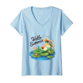 Womens Retro Beach Vacation Cute Frog Design V-Neck T-Shirt