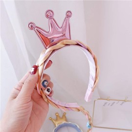 TOYANDONA Kids Crown Headband Long Hair Princess Hairpiece Cosplay Braided Wigs for Girls Princess Dress Up Accessories Rosy