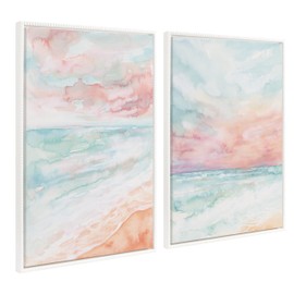 Kate and Laurel Sylvie Beaded All is Calm and Sky and Sea Vintage Framed Canvas Wall Art Set by Julie Maida, 2 Piece Set 23x33 White, Coastal Watercolor Art for Wall