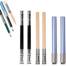 Pencil Extender and Lengthener Set - 6Pcs Metal Handle Art Pencil Holder, Wooden Crayon Extension Holder