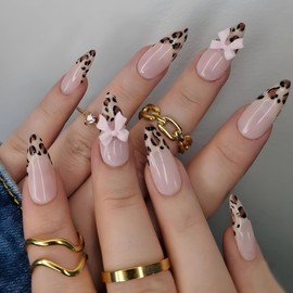MERVF Almond Press on Nails Medium Fake Nails Leopard French Tip Glue on Nails Pink Bow Press ons with Cheetah Design Stiletto Acrylic False Nails Glossy 24pcs