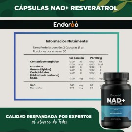 Suplemento Nutricional NAD+ y Resveratrol ENDAROO 500 mg x 60 Cápsulas