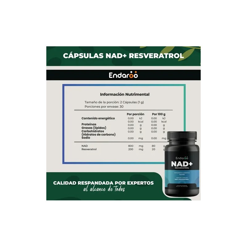 Suplemento Nutricional NAD+ y Resveratrol ENDAROO 500 mg x 60