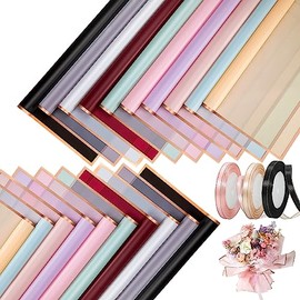 Wikmily 100 hojas de papel de regalo de flores con borde dorado, impermeables, 3 rollos de cinta de satén de doble cara de 22m para embalaje de regalo floral, 58 * 58cm (10 colores)