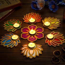 7 Pcs Diwali Lotus Candle Holders Not Include Candle Wooden Multicolor Lotus Flower Decorations for Pooja Diya Traditional Indian Tea Light Holder Decor for Diwali Puja Home Outdoor Party Gift
