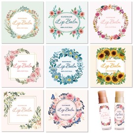 CRASPIRE 80Pcs 8 Styles Lip Balm Sticker Wreath Flower Plant Sunflower Self-Adhesive Homemade Lip Balm Labels Vintage Square DIY Label Stickers for Lip Balm Containers Cosmetics Lipsticks