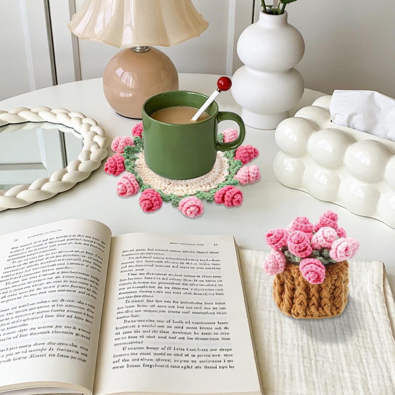 LLMSIX Handmade Rose Crochet Flower Coaster Set with Storage Basket