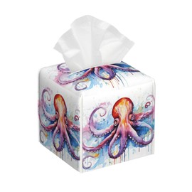 Watercolor Squid Tissue Box Cover,Colorful Splashes Tissue Box Holder Square with Bottom Belt,Waterproof Modern Napkin Holder Organizer for Bedroom Dresser Night Stand Office Desk,5.2" x 5.2" x 5.2"