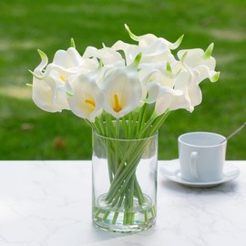 ENOVA FLORAL 20 Pieces Real Touch Lilies Artificial Flowers in Glass Vase, Faux Calla Lily Floral Arrangement with Vase for Home Decor Indoor (White Green)