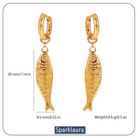 Sparklaura Gold Fish Charm Dangle Hoop Earrings for Women Hypoallergenic 18K Gold Plated Stainless Steel Fish Drop Hoop Earrings Summer Beach Jewelry Gifts for Holiday