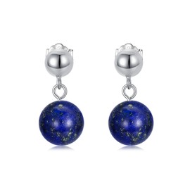 925 Sterling Silver 8 mm Beaded Round Ball Dangle Earrings Birthstone Jewellery Gifts for Women, Sterling Silver, Lapis Lazuli