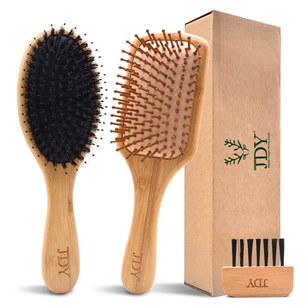 JDY Brush Boar Bristle Hair Brushes Bamboo Hair Brush Set for Women Men and Kids with Short Long Curly Wavy Thick Hair Smoothing Frizzy Hair Restore Hair Shine