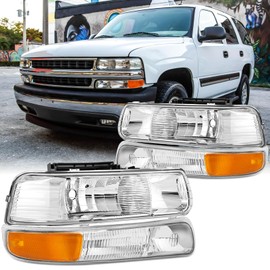Aresparts 4PCS Headlights Assembly DOT Approved For 1999-2002 Chevy Silverado 1500 2500 3500 For 2000-2006 Suburban For 2001-2006 Chevy Tahoe Replacement Headlamp Chrome Housing Amber Reflector