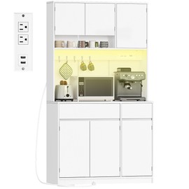 Hzuaneri 71" Pantry Cabinet with Power Outlet and LED Lights, Freestanding Tall Kitchen Hutch with Countertop and 2 Storage Drawers, Adjustable Shelves, Living Room, White PT00203X