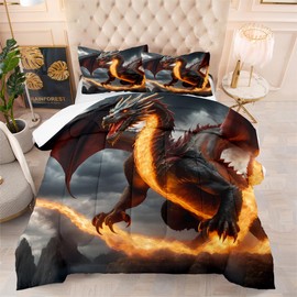 AUCOOMA Flying Dragon Print Design Comforter Set Queen,Comforter with 2 Pillowcases,Flying Dragon Print Design Comforter,All Season Use Bedding Set for Kids Boys Teens
