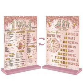 Bumqviy Happy 40th Birthday Decorations Back in 1984 Table Sign for Women, Pink Rose Gold 40 & Fabulous Birthday Two-Sided Wooden Poster with Stand, Forty Year Old Birthday Gift Party Supplies