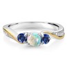 925 Silver and 10K Yellow Gold White Simulated Opal Blue