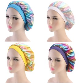 Paquete de 4 capuchones de seda para cabello rizado, bonetes de satén para mujer, gorro de dormir con impresión colorida, gorro de ducha elástico con banda elástica premium para mujeres