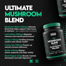 UTOYA Natural Mushroom Blend Supplement for Calm Focus & Wellness - 90 Vegan Capsules
