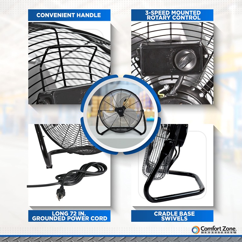 Comfort Zone Cradle Floor Fan, Electric, High-Velocity,180 Degree Adjustable Tilt,