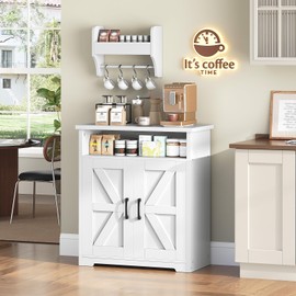 YATINEY Coffee Bar Cabinet, Kitchen Island with Storage, Farmhouse Sideboard Buffet Cabinet with Dual-Purpose Floating Shelf and Hooks, for Kitchen, Restaurant, Living Room, White KF22WT
