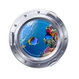 Woodland Arts 3D Undersea Tropical Fish Porthole Submarine View Ocean 18 x 18 inch Removable Vinyl Peel and Stick Decorative Wall Decals Stickers for Children Kids Room Nursery