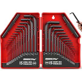 SEDY Juego de 32 llaves hexagonales métricas y SAE en bruto (0,7-10 mm, 0,028-3/8"), llaves hexagonales en forma de L, en acero al cromo-vanadio con 2 mangos de extensión