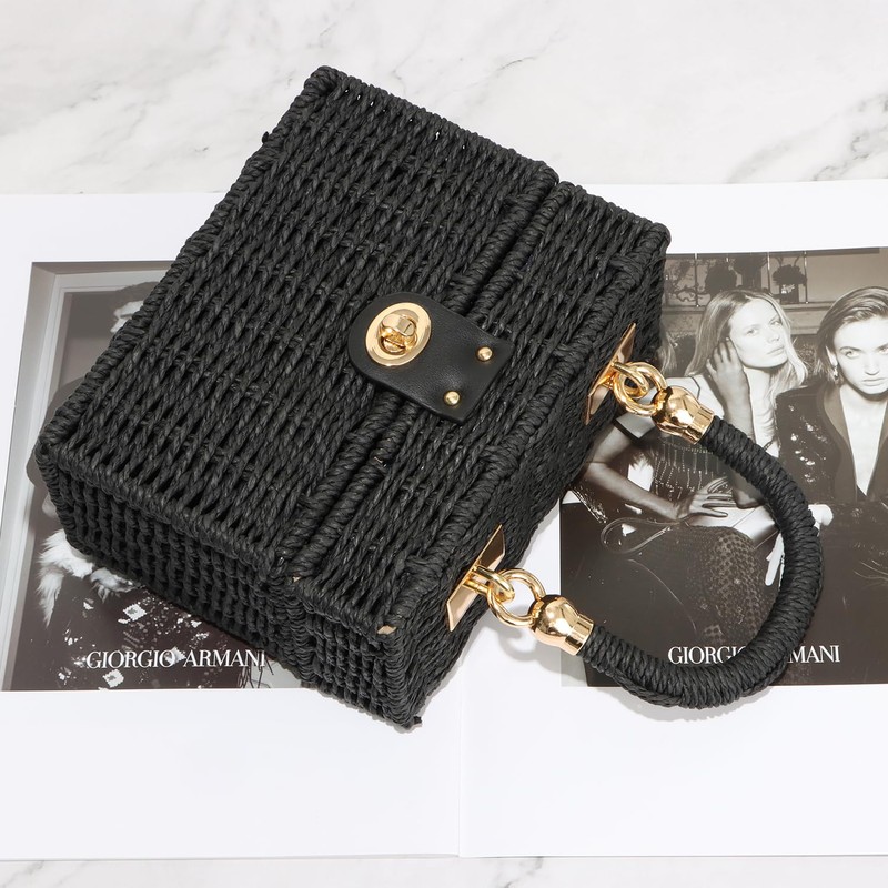 LHHMZ Women Handwoven Rattan Square Tote Straw Basket Bag Ladies