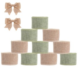 LOPYXBR 10 Roll Natural Ribbon, 4cm Wired Burlap Ribbon, 5m Green and Brown Ribbon for Gift Wrapping, Wide Wreath Ribbon, Large Ribbons for Crafting, Gift Wrapping, Rustic Wedding Decorations