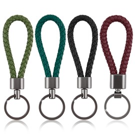 eModwey Set of 4 Braided Leather Keychains, Heavy Duty Car Keychains, Short Keychain for Men and Women, for Motorcycle, Bicycle and House Keys, Black, Green, Olive Green and Deep Red