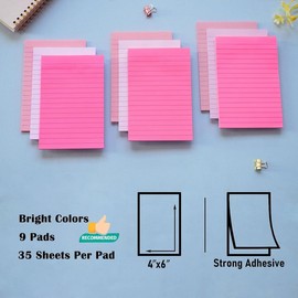 9 Pack Lined Sticky Notes 4x6, Ruled, Colorful, Super Sticky, Strong Adhesive, Memo Pads (LP, R, LPurple). Pastel - Colour: Light Pink, Red, Light Purple