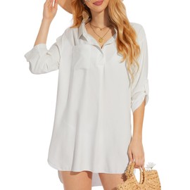 Kiiwah Beach Dress Women's Summer Bikini Cover Up Cotton Beach Tunic Beach Beach Poncho Pareos Summer Dress Beach Cover Up Shirt V Neck Beach Holiday Dress Swimwear, White
