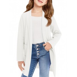 Haloumoning Girls Long Cardigan Sweaters Kids Oversized Open Front Knit Outerwear with Pockets 5-14 Years White